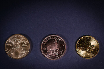 a golden Maple Leaf coin lies next to a Krugerrand coin and a gold dollar