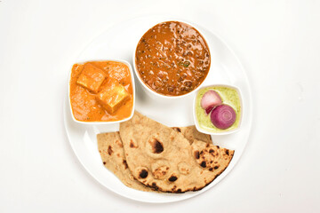 Main Course Meal in Plate Isolated on White Background, Shahi Paneer and Dhal Makhani with Tandoori Roti in Plate