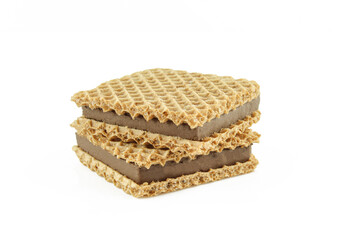 Two sandwich wafers filled with milk chocolate and isolated on white background