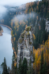 Close up of the Stone Pillar of Usva river in the autumn fog, Perm Region, Russia