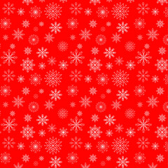 Snowflakes of various shapes on a red background.