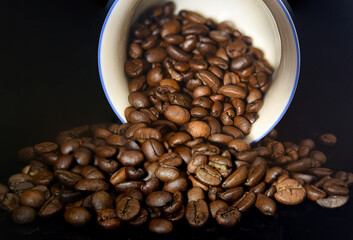 Closeup view of cup of coffee beans