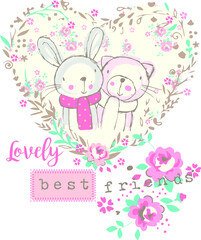 Bunny and teddy bear theme vector can be used for baby t-shirt print, fashion print design, kids wear, baby shower, bedding set, wallpaper, celebration, greeting cards and invitation.