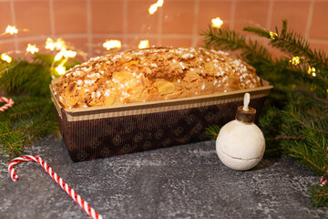 Christmas panettone cake. Delicious Christmas pastries. Delicious baked goods for Easter