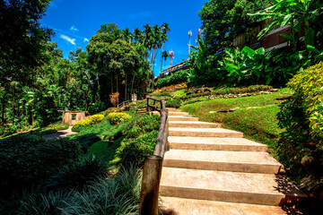 The natural background of colorful flower beds, with chairs to sit and rest while watching the scenery, the wind blows through the blur, cool and comfortable.