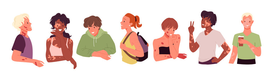 Young woman and man with skin problem set vector illustration. Cartoon happy female and male characters with acne, melasma pigment spots, vitiligo isolated on white. Dermatology medical concept