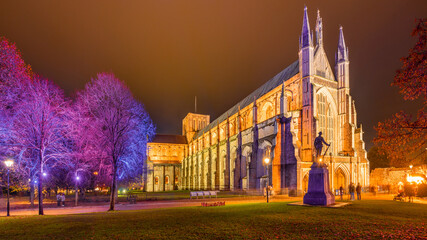 Winchester, England - Nov. 21, 2021. Winchester Cathedral is one of the finest medieval cathedrals in Europe. and the resting place of Saxon royalty, and Jane Austen, the much-loved English novelist.