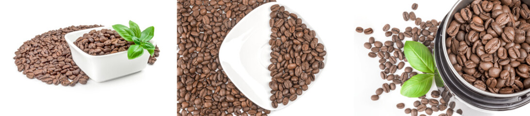 Collage of roast coffee over a white background