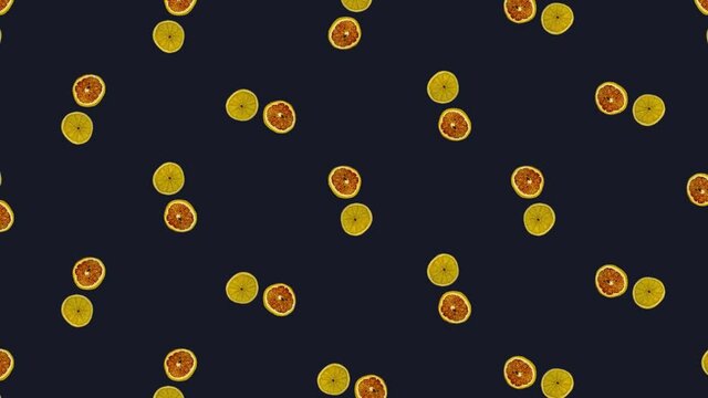 Colorful pattern of rotating dried grapefruits and oranges slices on black background. Seamless pattern with dried grapefruit and orange chips. Pop art design. Realistic animation. 4K video motion