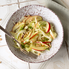 a bowl of salad with fennel, apple and celery on a light table