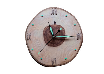 PNG. The ash sawn wall clock is isolated from the background. Made with their own hands, Roman numerals made of linen rope.