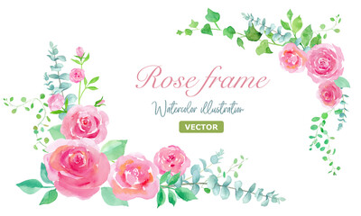 ピンクの薔薇とユーカリなどのグリーンリーフの装飾フレーム。水彩イラスト。（ベクター。レイアウト変更可能）

