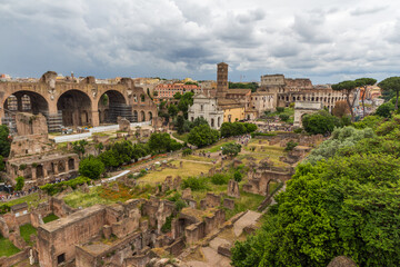 Fototapeta na wymiar Scenic view over the ruins of the Roman Forum in Rome, Italy