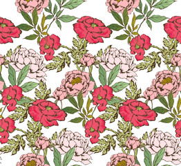 Peony and poppy. Seamless pattern. Vector illustration. Suitable for fabric, mural, wrapping paper and the like