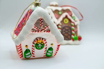 Beautiful Christmas toys and a garland with a blurred background.