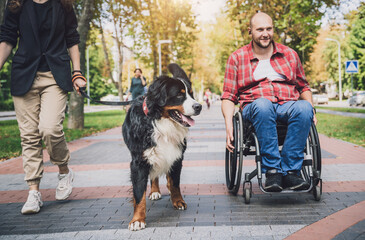 Naklejka na ściany i meble Happy young man with a physical disability who uses wheelchair with his dog.