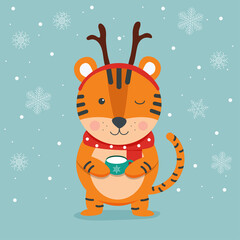 Christmas tiger with deer brown horns and cup. Year of tiger 2022