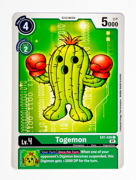 Hamburg, Germany - 12262021: picture of the english Digimon card Togemon from the Classic Collection EX01 series on white background.