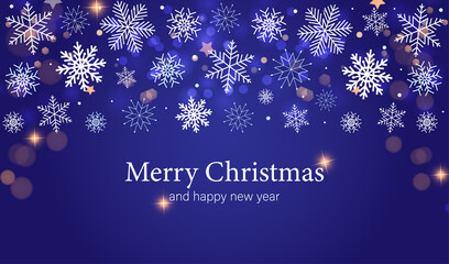 Merry Christmas background with snowflakes and bokeh lights. Vector illustration