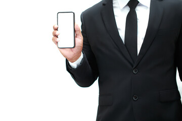 business man show smart phone gadget technology and holding for review product marketing income business in white isolated