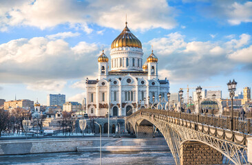 Cathedral of Christ the Savior and Patriarch Bridge in Moscow on a winter day