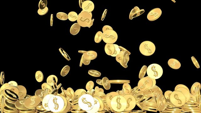 Dollar gold coins falling - 3d render with alpha channel.