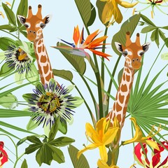 Fototapety  Head giraffe with tropical green leaves and flowers. Cartoon exotic seamless illustration repeating pattern on white background. Floral wallpaper.