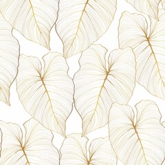 Foliage seamless pattern, tropical  leaves, golden line art ink drawing on white background.