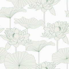 Seamless pattern, background with lotus flower. Botanical illustration style. Green line illustration.