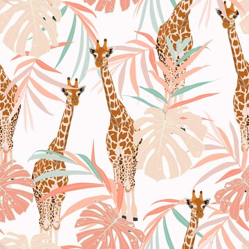 Giraffe animl with tropical palm leaves. Cartoon exotic seamless illustration repeating pattern on white background. Floral wallpaper.