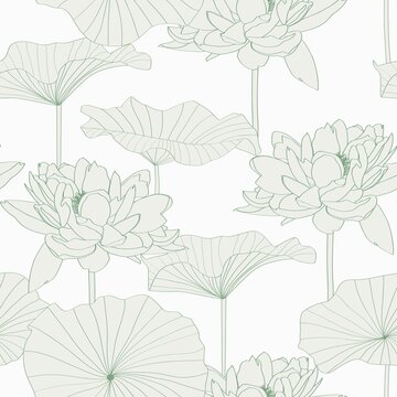 Seamless pattern, background with lotus flower. Botanical illustration style. Green line illustration.