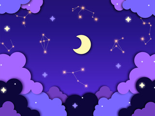 Night sky with constellations in flat style. Vector illustration