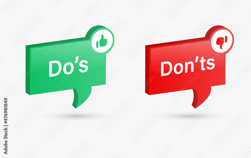 Poster Dos and donts icons with 3d speech bubble - thumbs up or thumb down. Like or dislike - do's and don'ts bubble - true or false - Dos and dont	