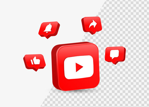3d youtube logo in modern square. social media logos with notification icons in glossy speech bubble comment like icon bell share symbol - youtube 3d icon subscribe button