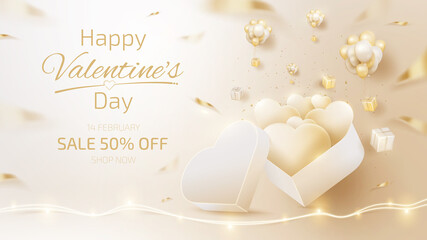 Fototapeta na wymiar Valentines day sale banner template with 3d heart shape ornaments and gift box. luxury background.
