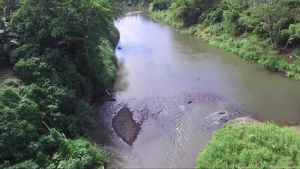 Riverine or river islands formed due to massive inundation and flooding in the countryside waterways. Drone aerial