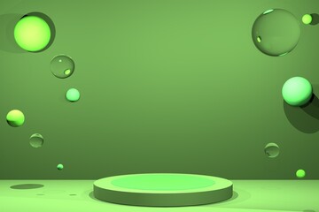 Pedestal on a green background with balls. Abstraction green background balls 3D renderer.