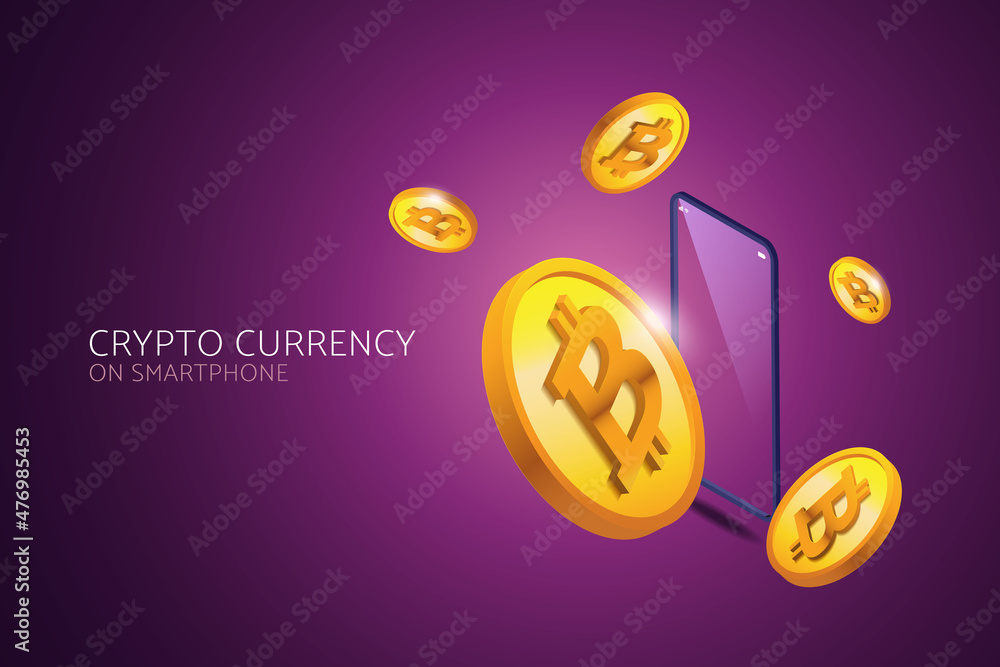 Poster bitcoin exchange on smartphone blockchain technology.