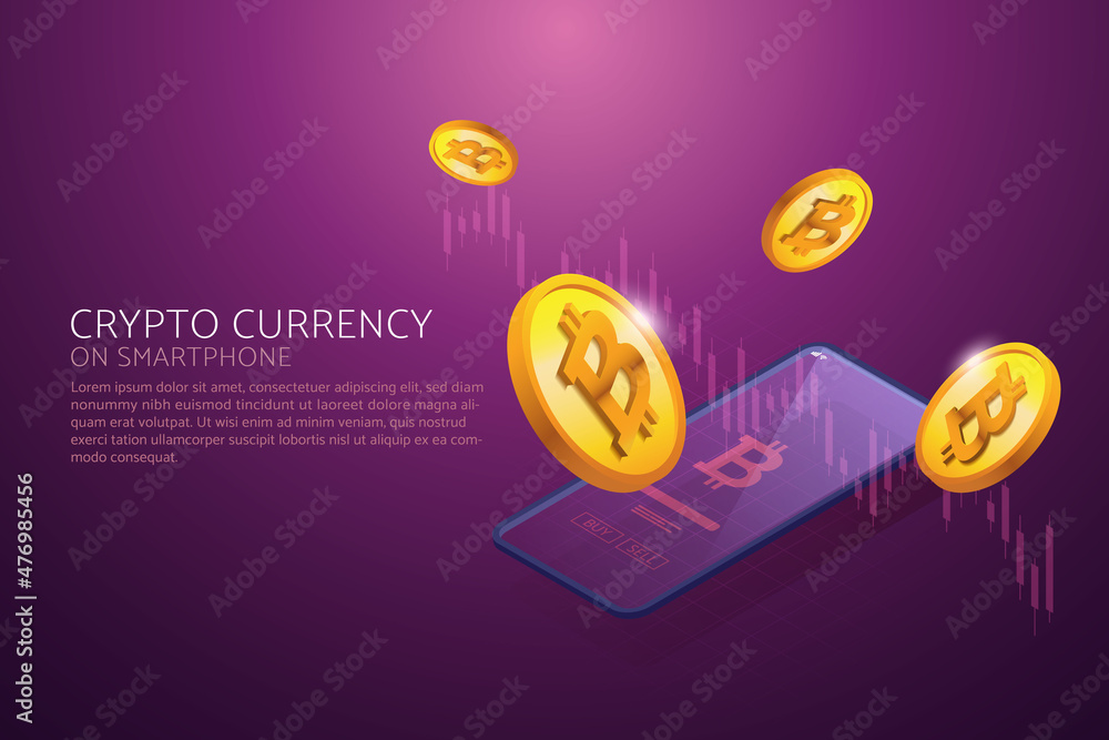 Poster bitcoin exchange on smartphone blockchain technology.