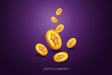 Bitcoin digital currency on purple digital background.
