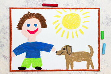 Colorful drawing: Smiling boy and his cute adopted dog - 476986403