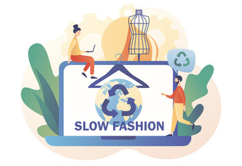 Slow fashion concept. Sustainable fashion. Earth planet, clothes hanger and mannequin. Ethical fabric. Reuse, reduce, recycle. Eco-friendly manufacturing.Modern flat cartoon style. Vector illustration