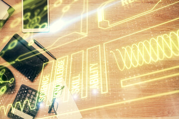 Double exposure of education theme drawing and work table top veiw.