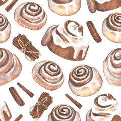 Seamless pattern with sinnamon rolls on white background. Watercolor seamless pattern