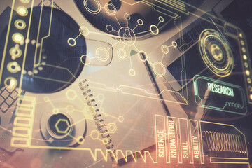 Double exposure of data theme drawing and office interior background. Concept of technology.