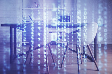Obraz premium Multi exposure of data theme drawing and office interior background. Concept of technology.