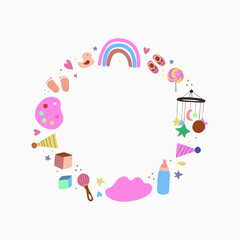 Children frame with toys and baby stuff in flat style. Cute illustrations for children's room design, postcards, prints for clothes. Vector