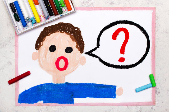 Colorful drawing: The boy asks a question. Question mark in speach bubble. - Powered by Adobe