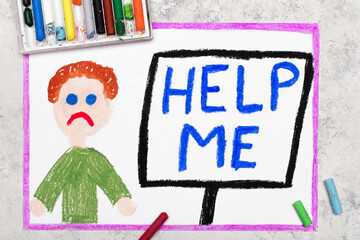 Colorful drawing: Sad boy and sign  HELP ME