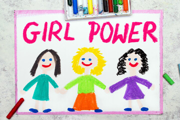 Colorful drawing: A group of girls are holding hands and slogan GIRL POWER